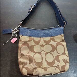 Coach Brown Signature Canvas Shoulder Bag with Navy Trim